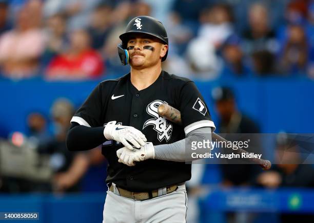 Reese McGuire of the Chicago White Sox bats during a MLB game against the Toronto Blue Jays at Rogers Centre on June 01, 2022 in Toronto, Ontario,...