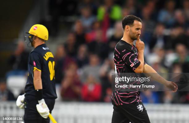 Lewis Gregory of Somerset celebrates the wicket of Marnus Labuschagne of Glamorgan during the Vitality T20 Blast match between Somerset and Glamorgan...