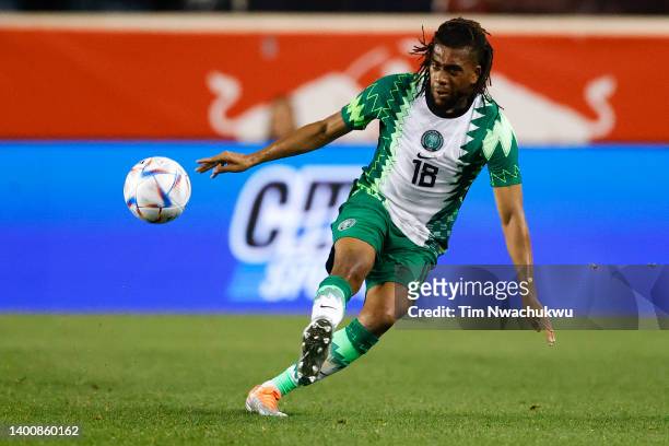 Alex Iwobi of Nigeria passes against Ecuador at Red Bull Arena on June 02, 2022 in Harrison, New Jersey.