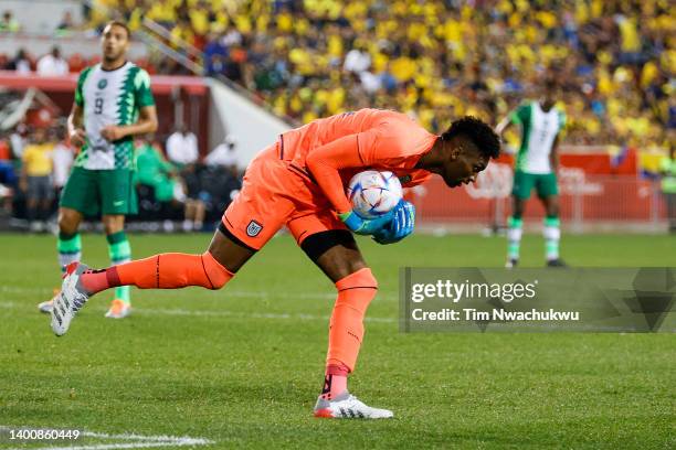 Alexander Domínguez of Ecuador makes a save against Nigeria at Red Bull Arena on June 02, 2022 in Harrison, New Jersey.