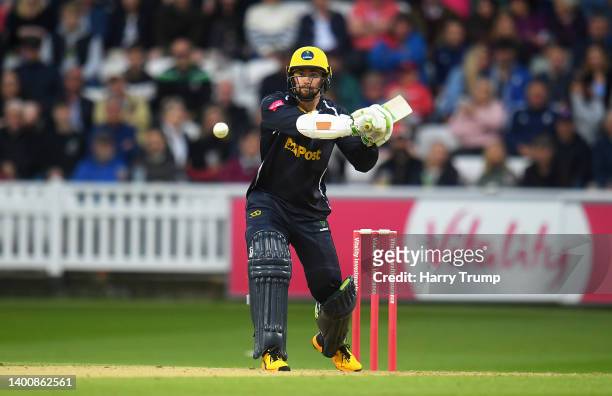 Eddie Byrom of Glamorgan plays a shot during the Vitality T20 Blast match between Somerset and Glamorgan at The Cooper Associates County Ground on...