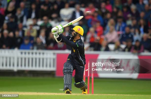 Eddie Byrom of Glamorgan is bowled by Ben Green of Somerset during the Vitality T20 Blast match between Somerset and Glamorgan at The Cooper...