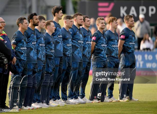 Derbyshire line up before the Derbyshire Falcons and Notts Outlaws Vitality T20 Blast match at The Incora County Ground on June 03, 2022 in Derby,...