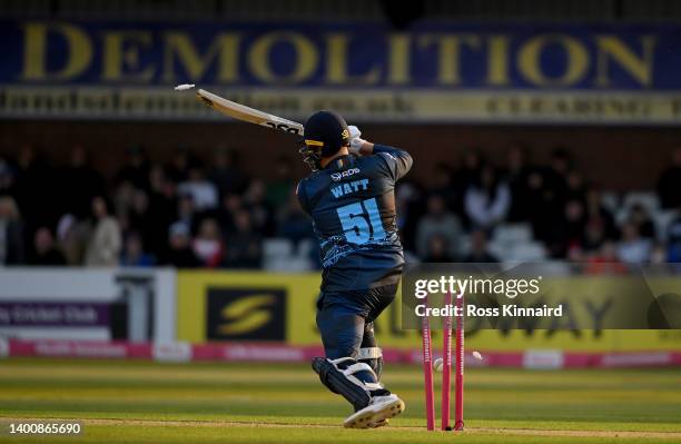 Mark Watt of Derbyshire is bowled by Jake Ball during the Derbyshire Falcons and Notts Outlaws Vitality T20 Blast match at The Incora County Ground...