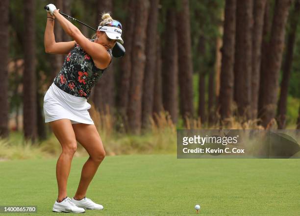 Lexi Thompson plays her tee shot on the second hole during the second round of the 77th U.S. Women's Open at Pine Needles Lodge and Golf Club on June...