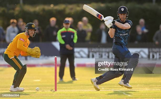 Luis Reece of Derbyshire in action during the Derbyshire Falcons and Notts Outlaws Vitality T20 Blast match at The Incora County Ground on June 03,...