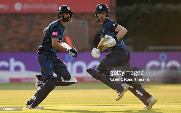 Shan Masood of Derbyshire and Louis Reece of Derbyshire during the Derbyshire Falcons and Notts Outlaws Vitality T20 Blast match at The Incora County...