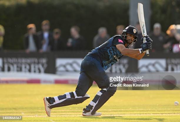 Shan Masood of Derbyshire during the Derbyshire Falcons and Notts Outlaws Vitality T20 Blast match at The Incora County Ground on June 03, 2022 in...
