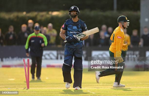 Shan Masood of Derbyshire is bowled during the Derbyshire Falcons and Notts Outlaws Vitality T20 Blast match at The Incora County Ground on June 03,...