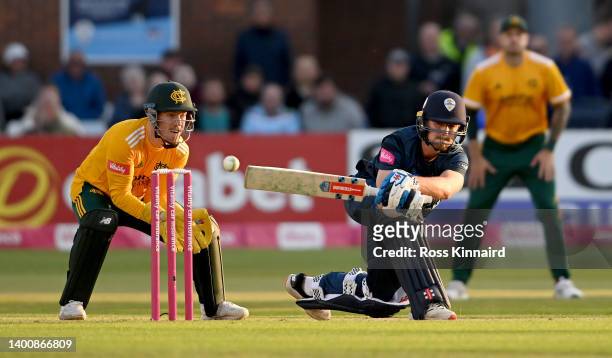 Lues du Plooy of Derbyshire during the Derbyshire Falcons and Notts Outlaws Vitality T20 Blast match at The Incora County Ground on June 03, 2022 in...