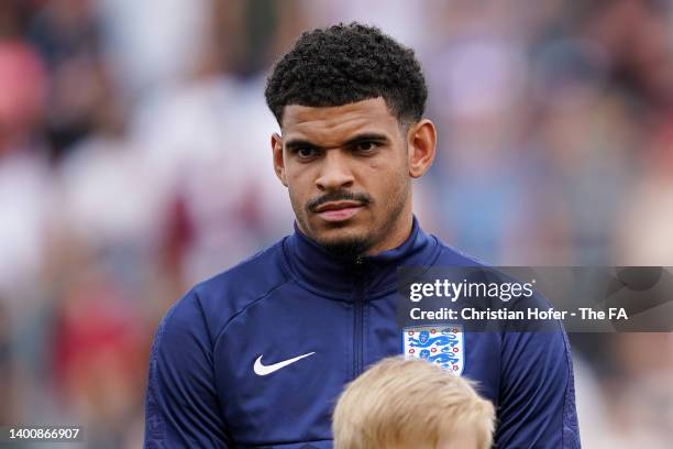 Morgan Gibbs-White of England stand for the national anthem prior to the UEFA European Under-21 Championship Qualifier match between England U21 and...