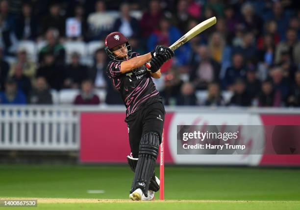 Will Smeed of Somerset plays a shot during the Vitality T20 Blast match between Somerset and Glamorgan at The Cooper Associates County Ground on June...