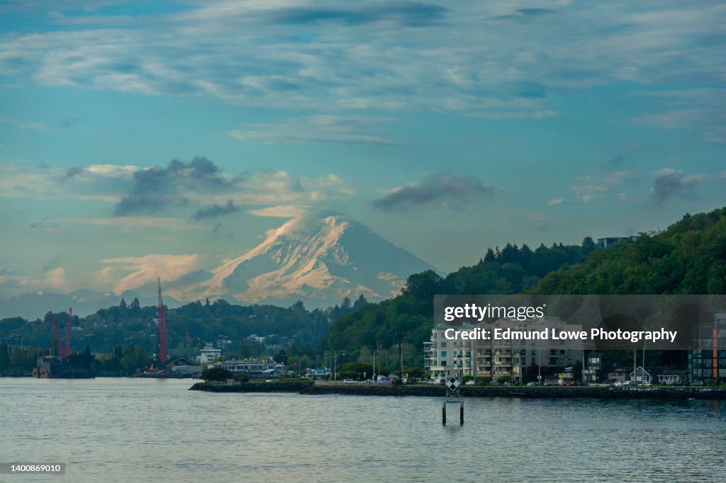 View of Mt. Rainier from Elliott Bay Overlooking West Seattle and Alki Beach.