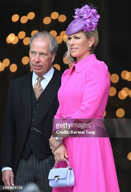 David Armstrong-Jones, Earl of Snowdon and Zara Tindall attend the National Service of Thanksgiving at St Paul's Cathedral on June 03, 2022 in...