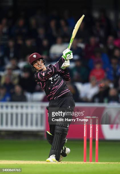 Tom Banton of Somerset plays a shot during the Vitality T20 Blast match between Somerset and Glamorgan at The Cooper Associates County Ground on June...