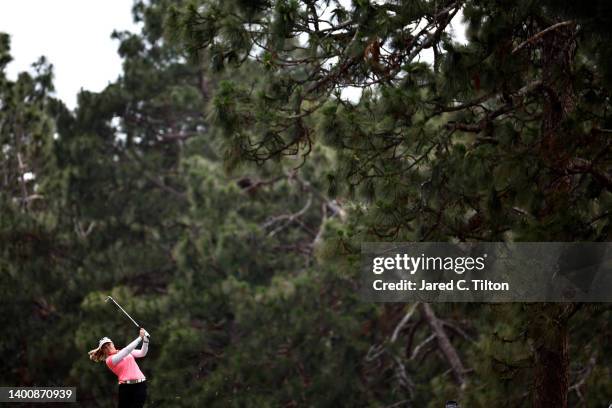 Brooke Henderson of Canada plays a shot from the sixth fairway during the second round of the 77th U.S. Women's Open at Pine Needles Lodge and Golf...