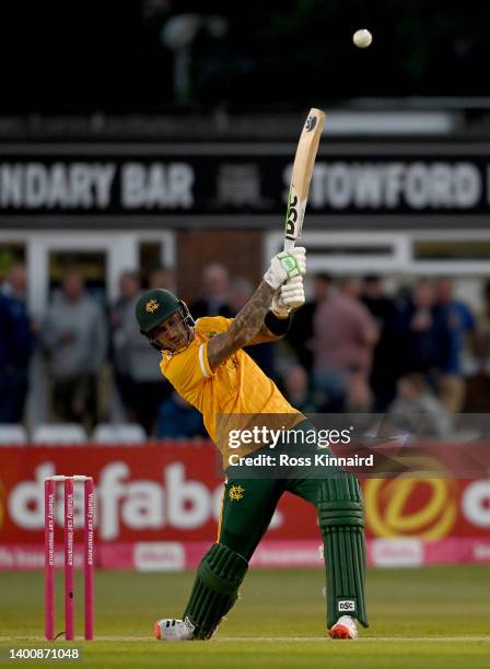 Alex Hales of Notts Outlaws on his way to a score of 91 during the Derbyshire Falcons and Notts Outlaws Vitality T20 Blast match at The Incora County...