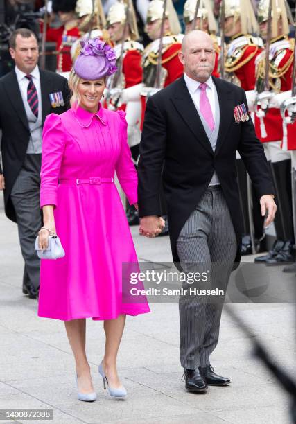 Mike Tindall and Zara Tindall attend the National Service of Thanksgiving at St Paul's Cathedral on June 03, 2022 in London, England. The Platinum...
