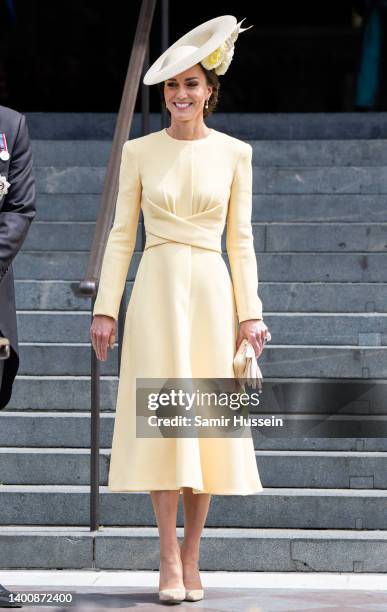 Catherine, Duchess of Cambridge attends the National Service of Thanksgiving at St Paul's Cathedral on June 03, 2022 in London, England. The Platinum...