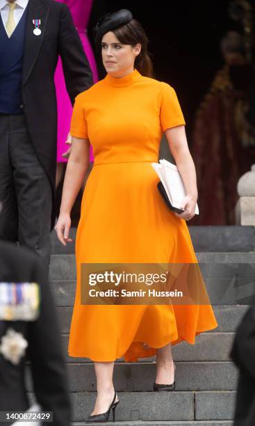 Princess Eugenie of York attends the National Service of Thanksgiving at St Paul's Cathedral on June 03, 2022 in London, England. The Platinum...