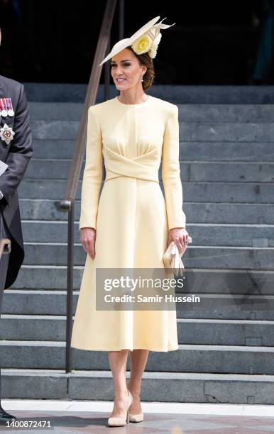 Catherine, Duchess of Cambridge attends the National Service of Thanksgiving at St Paul's Cathedral on June 03, 2022 in London, England. The Platinum...