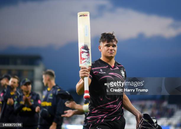 Will Smeed of Somerset makes their way off after finishing unbeaten on 94 the Vitality T20 Blast match between Somerset and Glamorgan at The Cooper...