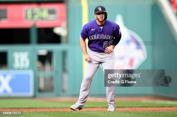 Cron of the Colorado Rockies takes a lead off of first base against the Washington Nationals during game two of a doubleheader at Nationals Park on...