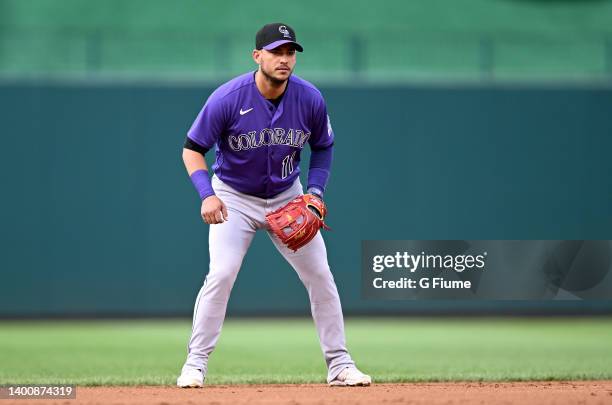 Jose Iglesias of the Colorado Rockies plays shortstop against the Washington Nationals during game two of a doubleheader at Nationals Park on May 28,...