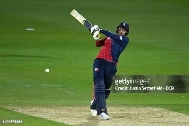 Alex Blake of Kent plays a shot during the Vitality T20 Blast between Kent Spitfires and Surrey CCC at The Spitfire Ground on June 03, 2022 in...