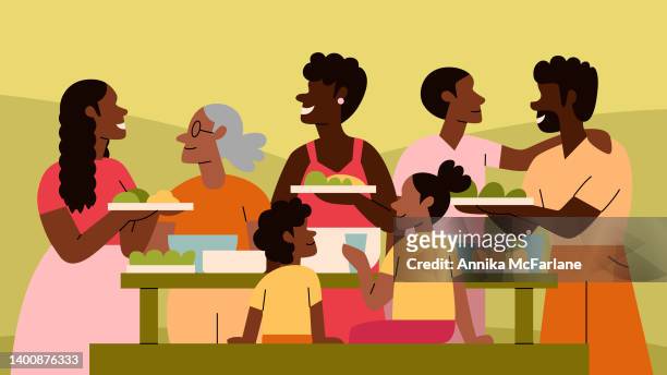 a black multigenerational family and friends enjoy a picnic together outside - family stock illustrations