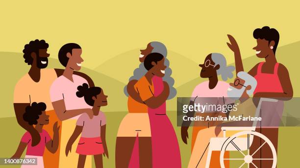 eine generationenübergreifende schwarze familie und freunde treffen sich zum familientreffen draußen im park - black family reunion stock-grafiken, -clipart, -cartoons und -symbole