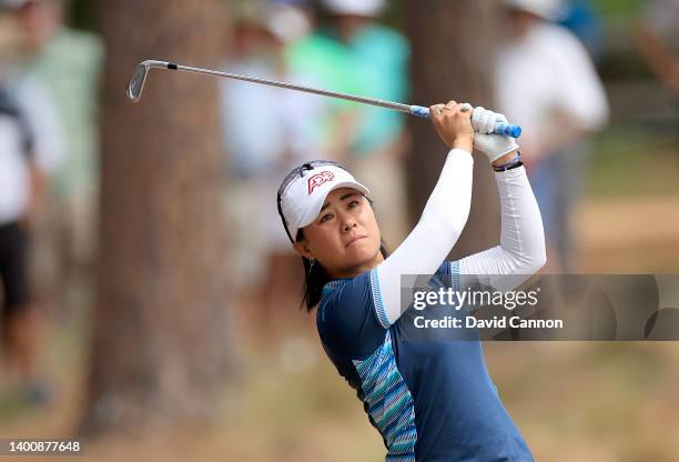 Danielle Kang of The United States plays her second shot on the 17th hole during the second round of the 2022 U.S.Women's Open at Pine Needles Lodge...
