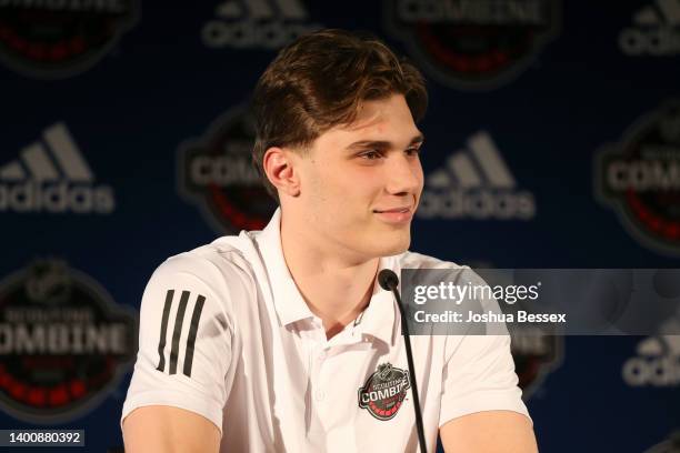 Juraj Slafkovsky speaks at the Top Prospects Media Availability at the NHL Scouting Combine at HarborCenter on June 03, 2022 in Buffalo, New York.