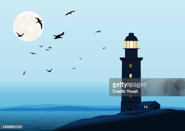 majestätischer leuchtturm an der küste bei nacht - leuchtturm schiff stock-grafiken, -clipart, -cartoons und -symbole