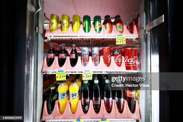 Different soft drinks including Coca Cola are displayed inside a refrigerator in a store on June 03, 2022 in Mexico City, Mexico. Multinational...