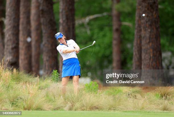 Annika Sorenstam of Sweden plays her second shot on the second hole during the second round of the 2022 U.S.Women's Open at Pine Needles Lodge and...