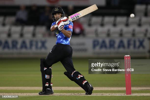 Ravi Bopara of Sussex plays a shot during the Vitality T20 Blast match between Sussex Sharks and Middlesex at The 1st Central County Ground on June...