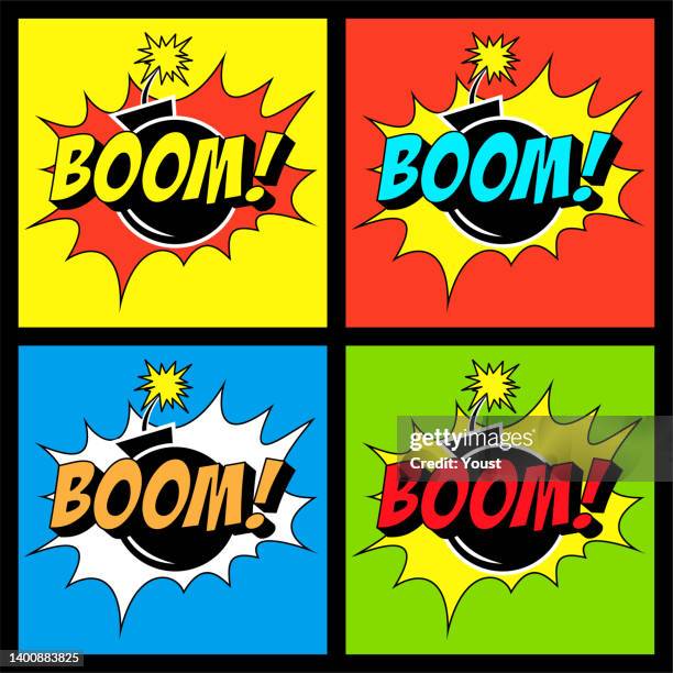 bomb boom comic text on explosion speech bubble in pop art style. - dynamite stock illustrations
