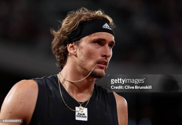 Alexander Zverev of Germany looks on against Rafael Nadal of Spain during the Men's Singles Semi Final match on Day 13 of The 2022 French Open at...