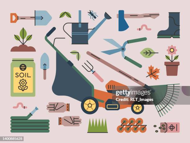 garten- und landschaftsbau-tools — brightline-serie - rasenmäher freisteller stock-grafiken, -clipart, -cartoons und -symbole