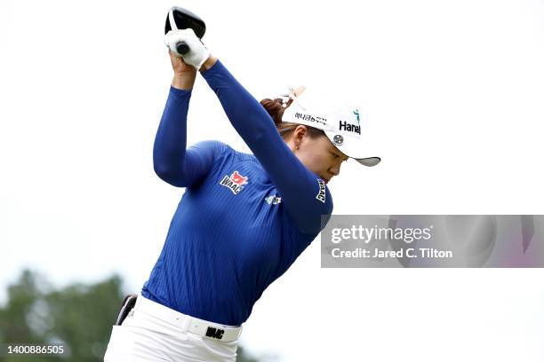 Minjee Lee of Australia plays her tee shot on the sixth hole during the second round of the 77th U.S. Women's Open at Pine Needles Lodge and Golf...