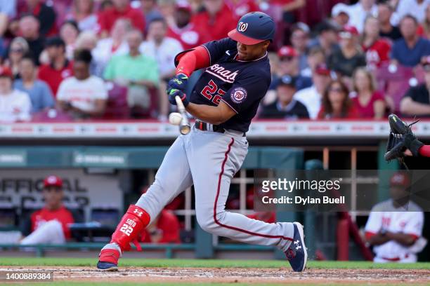 Juan Soto of the Washington Nationals hits a home run in the third inning against the Cincinnati Reds at Great American Ball Park on June 03, 2022 in...