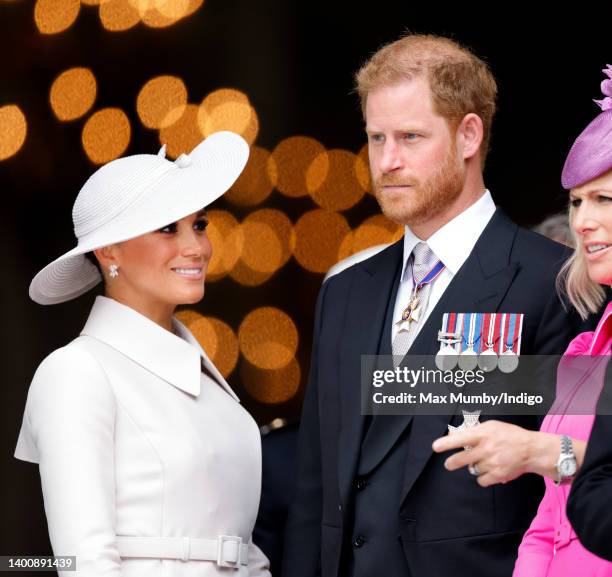 Meghan, Duchess of Sussex and Prince Harry, Duke of Sussex attend a National Service of Thanksgiving to celebrate the Platinum Jubilee of Queen...