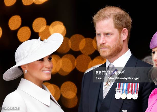 Meghan, Duchess of Sussex and Prince Harry, Duke of Sussex attend a National Service of Thanksgiving to celebrate the Platinum Jubilee of Queen...