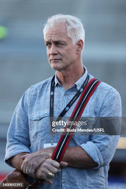 Daryl Johnston, Executive Vice President of USFL Football Operations, looks on before the game between the New Jersey Generals and the Pittsburgh...