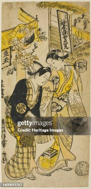 The Actors Segawa Kikunojo I as Osome and Sodesaki Kikutaro as Hisamatsu in the play "Osome Hisamatsu Shinju," performed at the Nakamura Theater in...