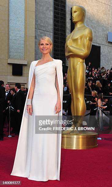 Actress Gwyneth Paltrow arrives on the red carpet for the 84th Annual Academy Awards on February 26, 2012 in Hollywood, California. AFP PHOTO...
