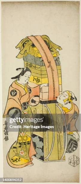 The Actors Ichikawa Danjuro II as Kamada Matahachi and Ichikawa Monnosuke I as Hisamatsu in the play "Osome Hisamatsu Shinju Tamoto no Shirashibori,"...