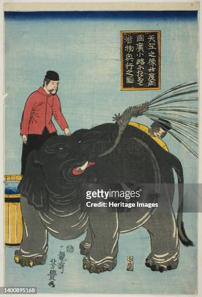 Illustration of Elephant from India On Display at Hirokoji in Ryogoku , 1863. Artist Utagawa Yoshitoyo.