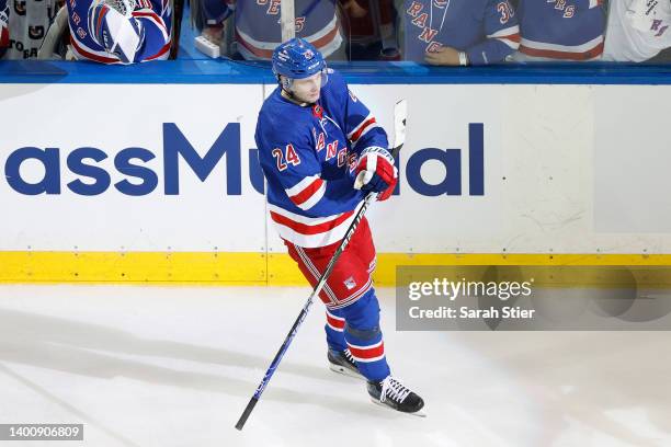 Kaapo Kakko of the New York Rangers reacts after scoring a first period goal against the Tampa Bay Lightning in Game Two of the Eastern Conference...